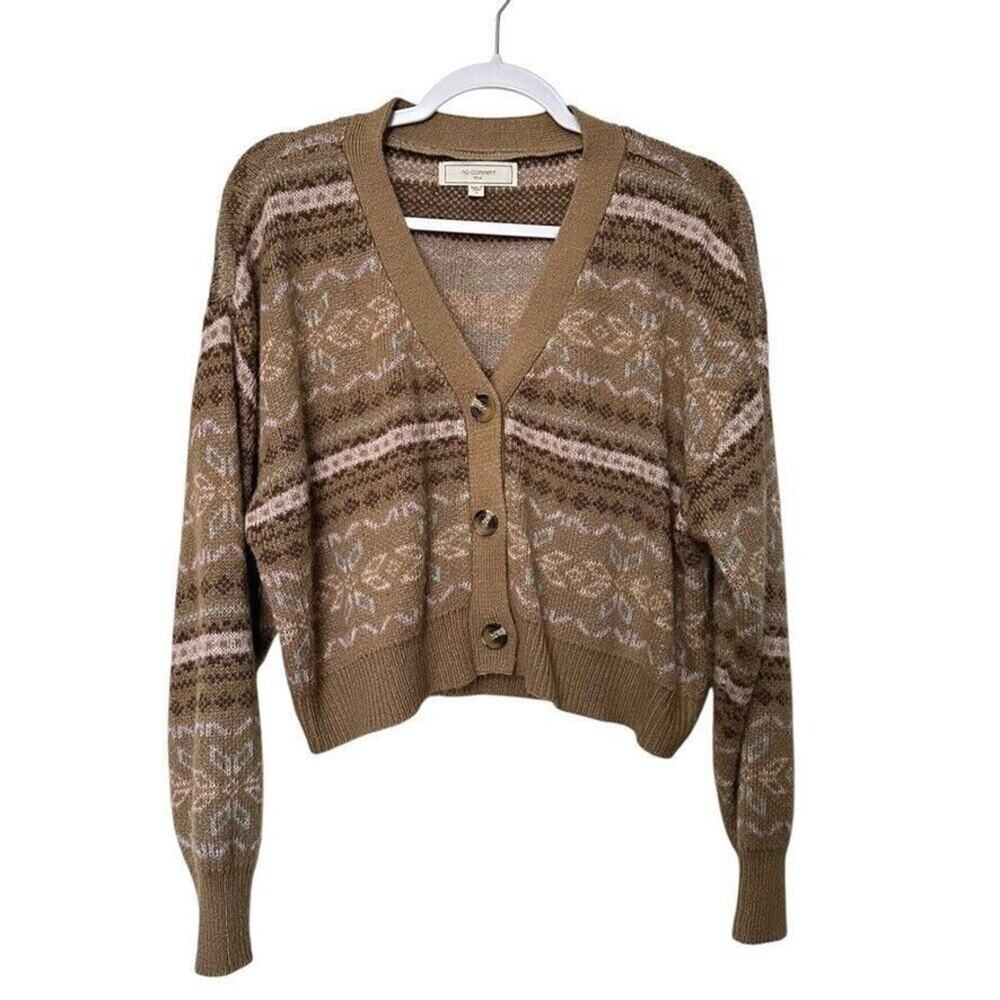 No Comment‎ Cardigan Sweater Long Sleeve V-Neck Cropped Women L Brown Geometric